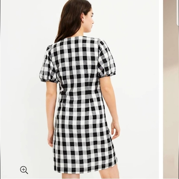 Loft Gingham Linen Blend Button Front V-Neck Dress, size 12 - Picture 2 of 13